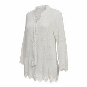Sundance Boho Eyelet Lace Ivory Tunic Top Tassel Ties Long Bell Sleeves Small